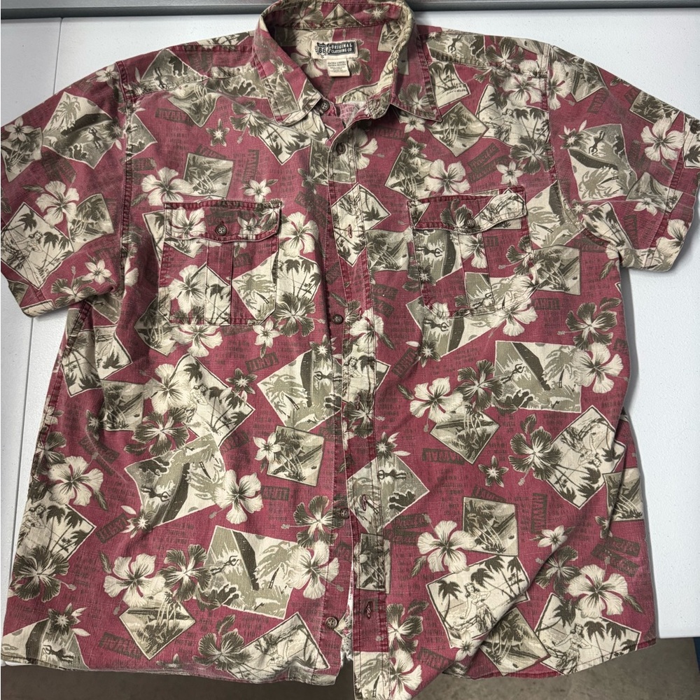 Clean Vintage Route 66 Red and Cream Floral Button-Down Shirt